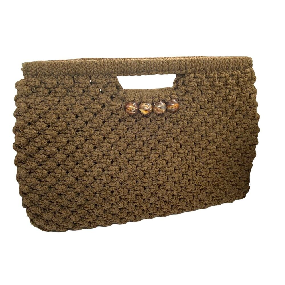 Macrame Beaded Clutch Handbag Purse Vintage 1970s Handmade Brown Hinged